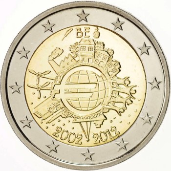 Moneta z okazji 10-lecia banknotów i monet euro - edycja belgijska z 2012 roku (awers)